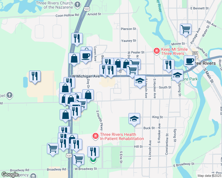 map of restaurants, bars, coffee shops, grocery stores, and more near 60 Matthew Drive in Three Rivers