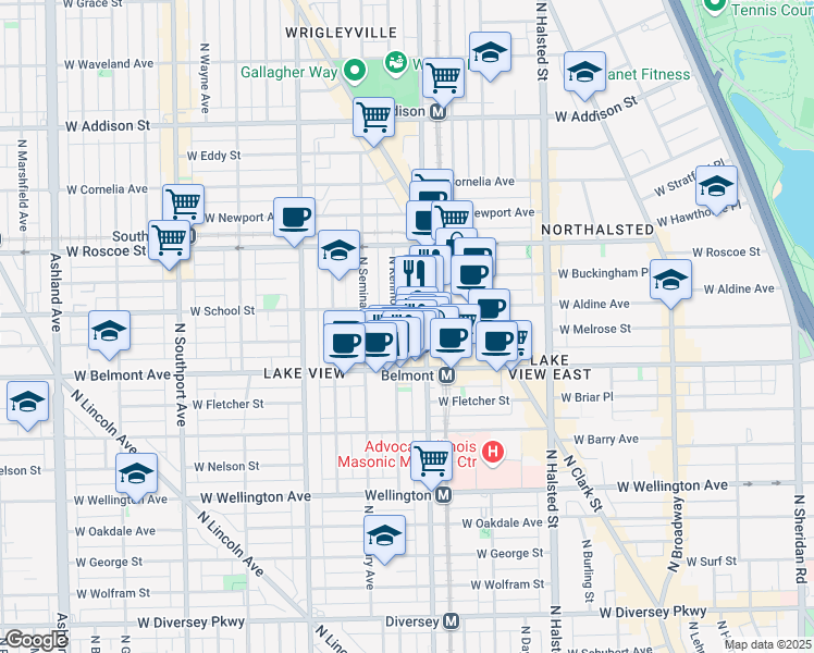 map of restaurants, bars, coffee shops, grocery stores, and more near 3243 North Kenmore Avenue in Chicago