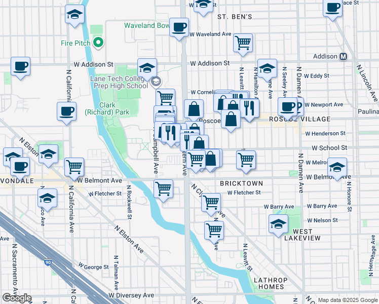 map of restaurants, bars, coffee shops, grocery stores, and more near 2357 West School Street in Chicago