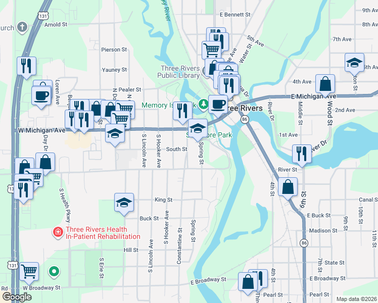 map of restaurants, bars, coffee shops, grocery stores, and more near 124 South Constantine Street in Three Rivers
