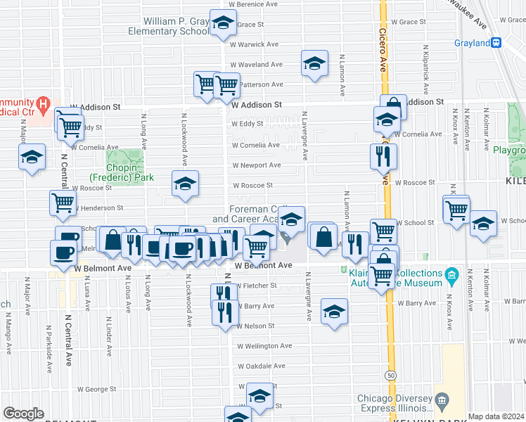 map of restaurants, bars, coffee shops, grocery stores, and more near 3318 North Leclaire Avenue in Chicago