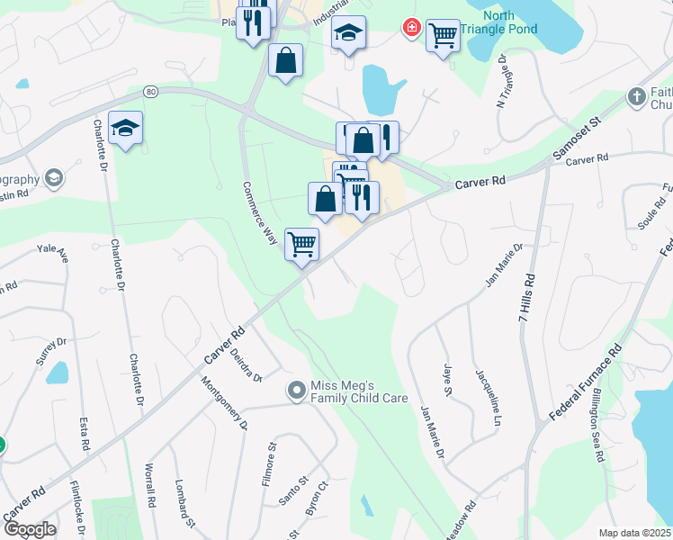 map of restaurants, bars, coffee shops, grocery stores, and more near 112 Carver Road in Plymouth