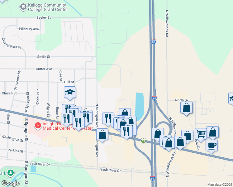 map of restaurants, bars, coffee shops, grocery stores, and more near 98 Grahl Drive in Coldwater