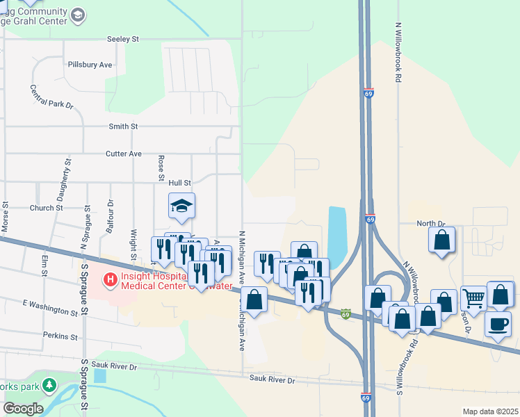 map of restaurants, bars, coffee shops, grocery stores, and more near 199 Orleans Boulevard in Coldwater