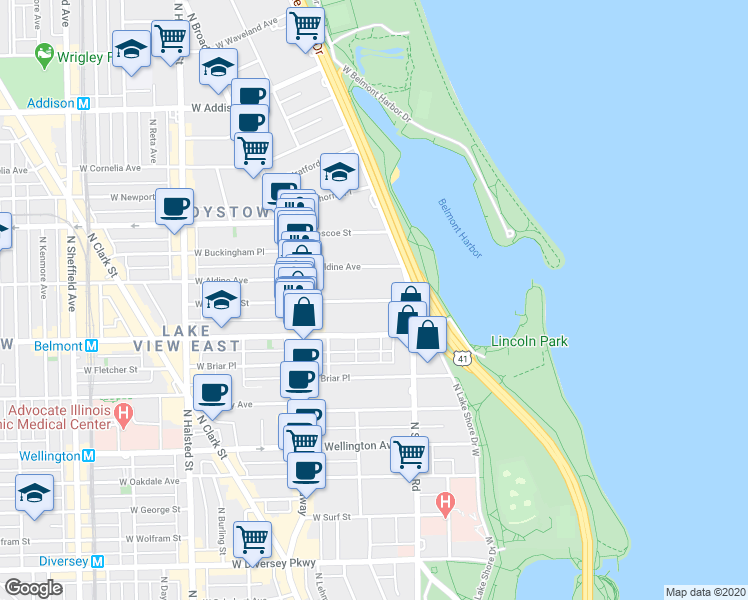 map of restaurants, bars, coffee shops, grocery stores, and more near 420 West Melrose Street in Chicago