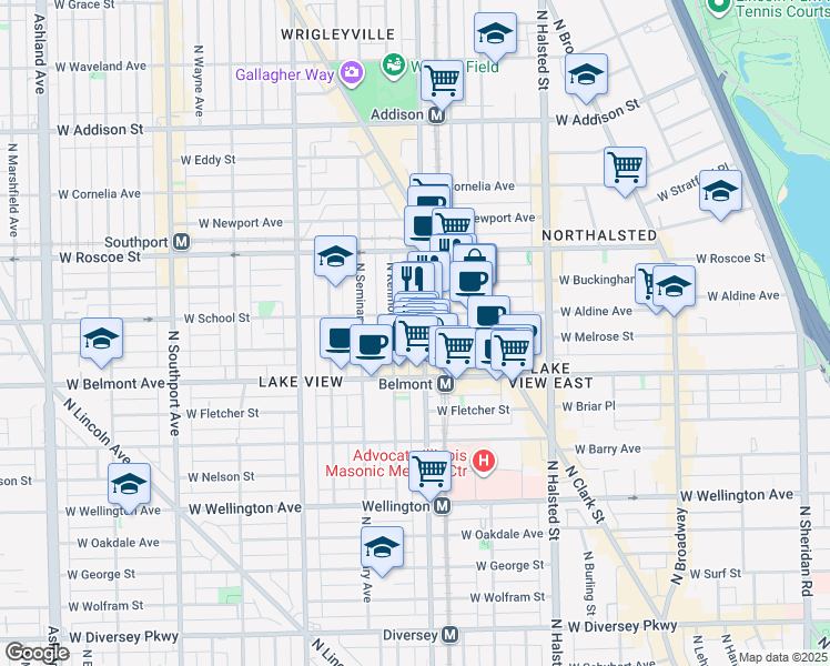 map of restaurants, bars, coffee shops, grocery stores, and more near 3257 North Sheffield Avenue in Chicago