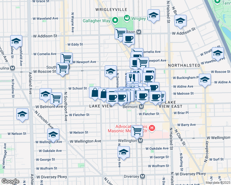 map of restaurants, bars, coffee shops, grocery stores, and more near 3256 North Seminary Avenue in Chicago