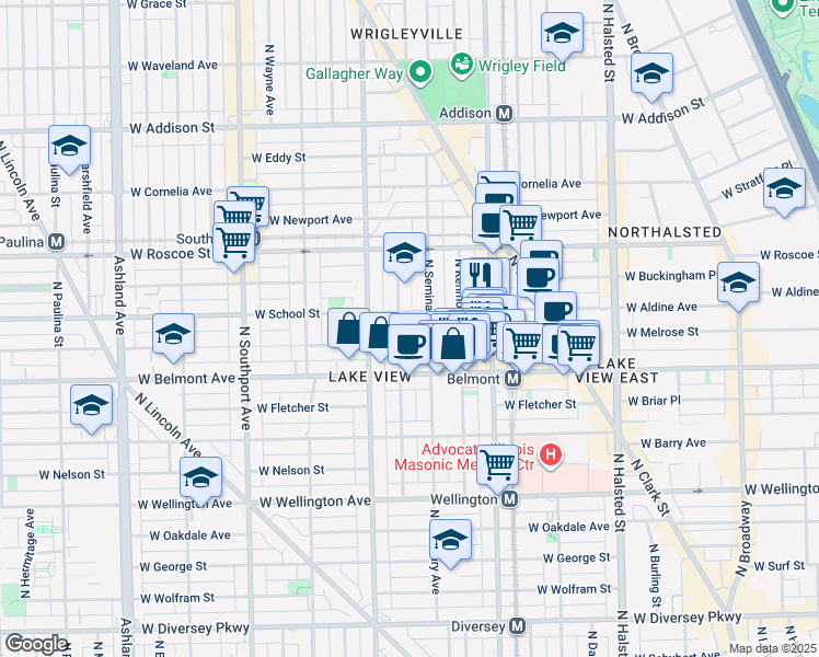 map of restaurants, bars, coffee shops, grocery stores, and more near 3256 North Seminary Avenue in Chicago