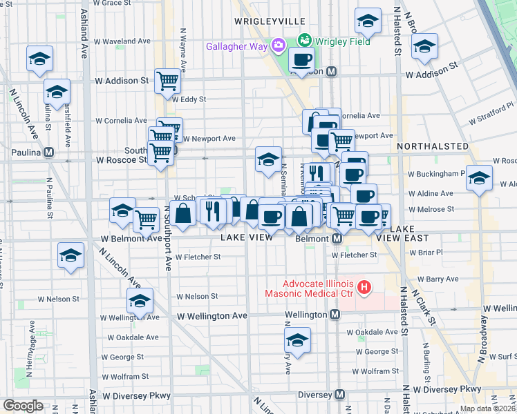 map of restaurants, bars, coffee shops, grocery stores, and more near 3255 North Racine Avenue in Chicago