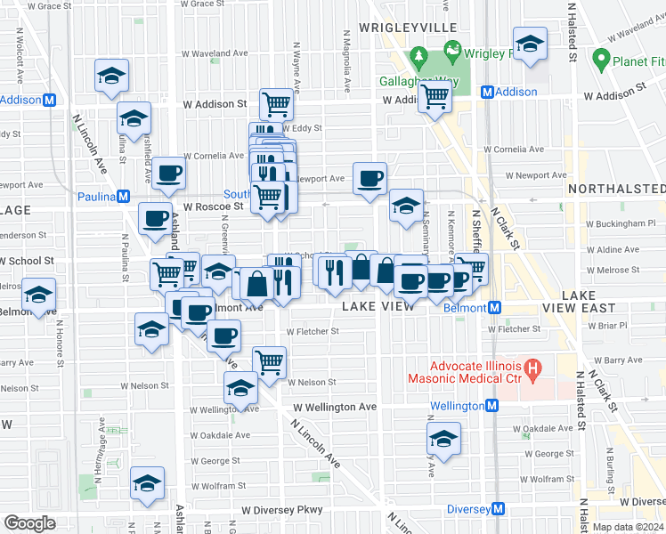 map of restaurants, bars, coffee shops, grocery stores, and more near 3258 North Lakewood Avenue in Chicago