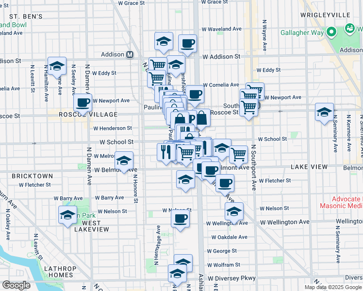 map of restaurants, bars, coffee shops, grocery stores, and more near 3300 North Lincoln Avenue in Chicago