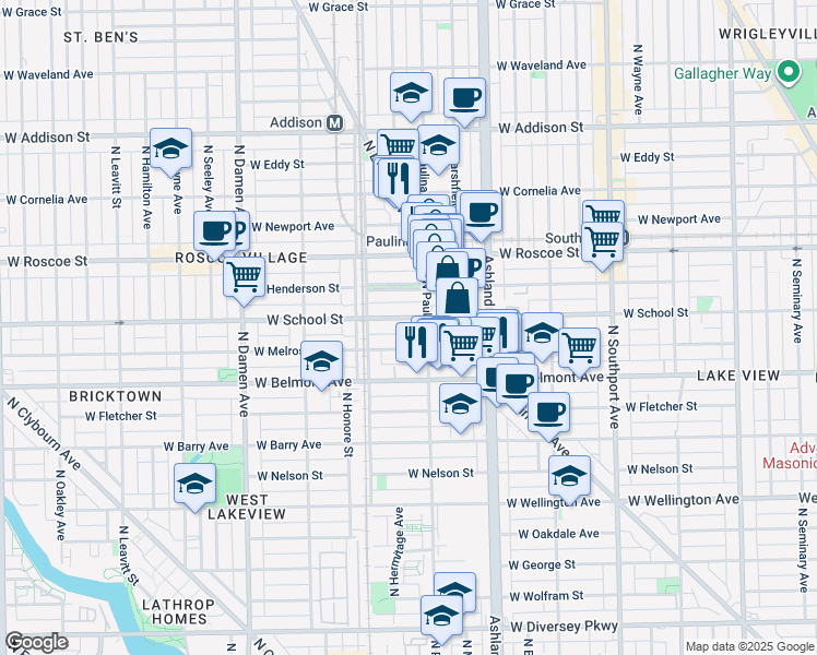 map of restaurants, bars, coffee shops, grocery stores, and more near 1716 West School Street in Chicago