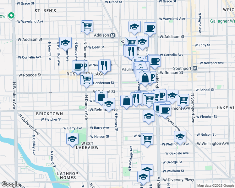map of restaurants, bars, coffee shops, grocery stores, and more near 1756 West School Street in Chicago