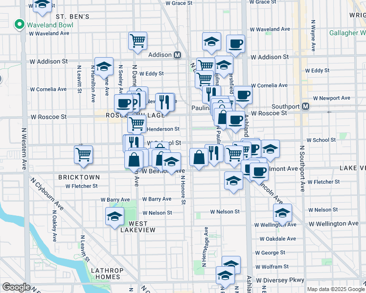 map of restaurants, bars, coffee shops, grocery stores, and more near 1826 West School Street in Chicago
