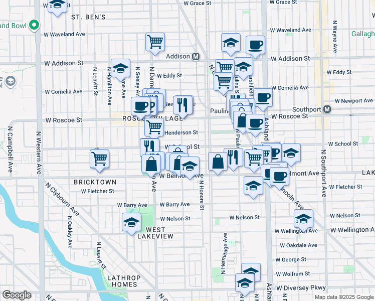 map of restaurants, bars, coffee shops, grocery stores, and more near 1826 West School Street in Chicago