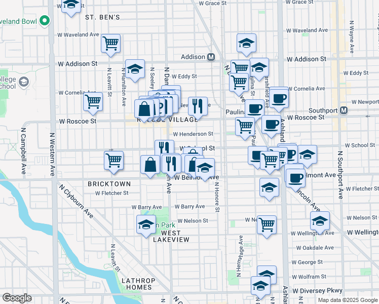 map of restaurants, bars, coffee shops, grocery stores, and more near 1910 West School Street in Chicago