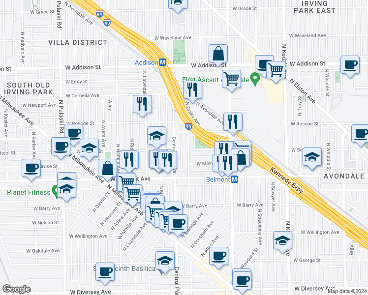 map of restaurants, bars, coffee shops, grocery stores, and more near 3311 North Central Park Avenue in Chicago