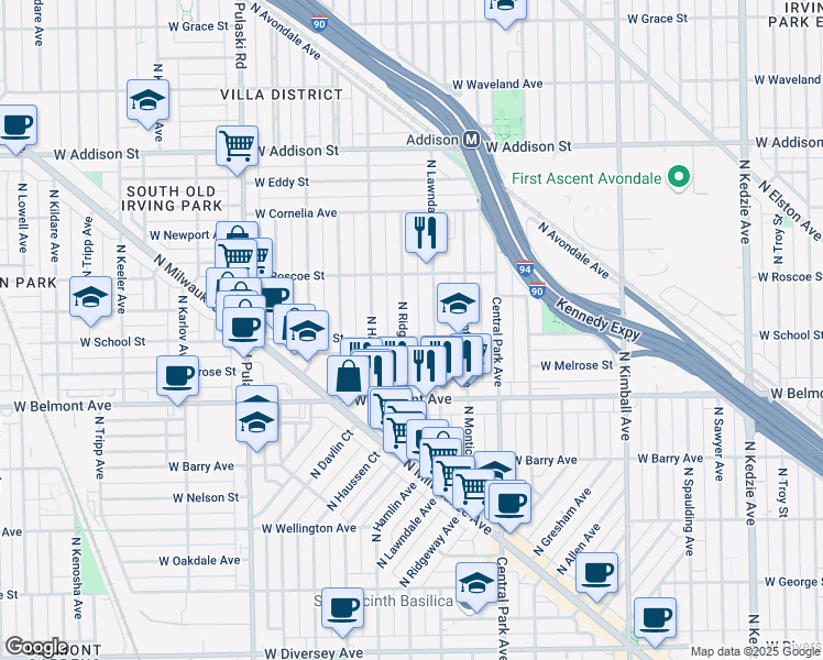 map of restaurants, bars, coffee shops, grocery stores, and more near 3316 North Ridgeway Avenue in Chicago