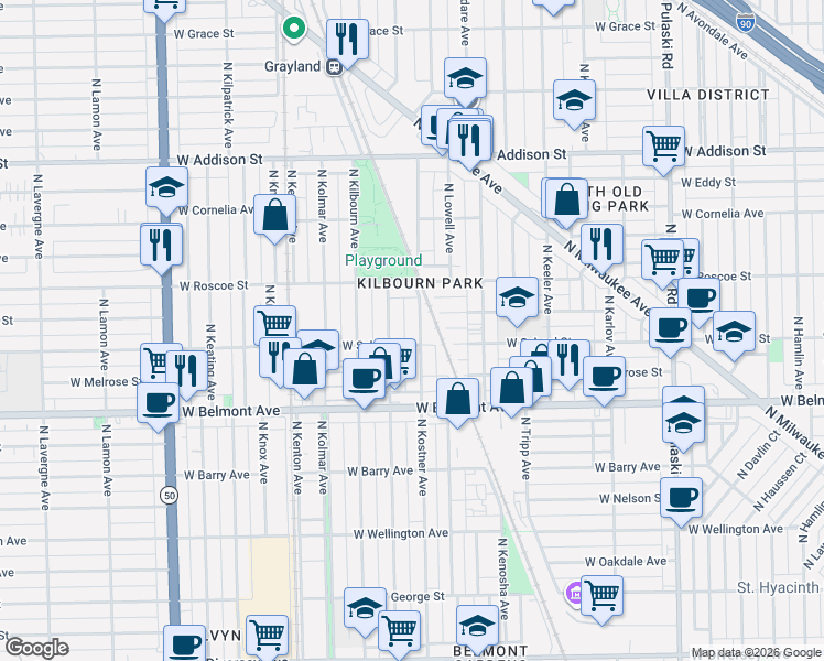 map of restaurants, bars, coffee shops, grocery stores, and more near 3325 North Kenneth Avenue in Chicago