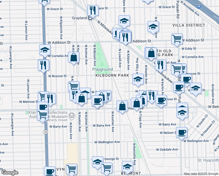map of restaurants, bars, coffee shops, grocery stores, and more near 3325 North Kenneth Avenue in Chicago