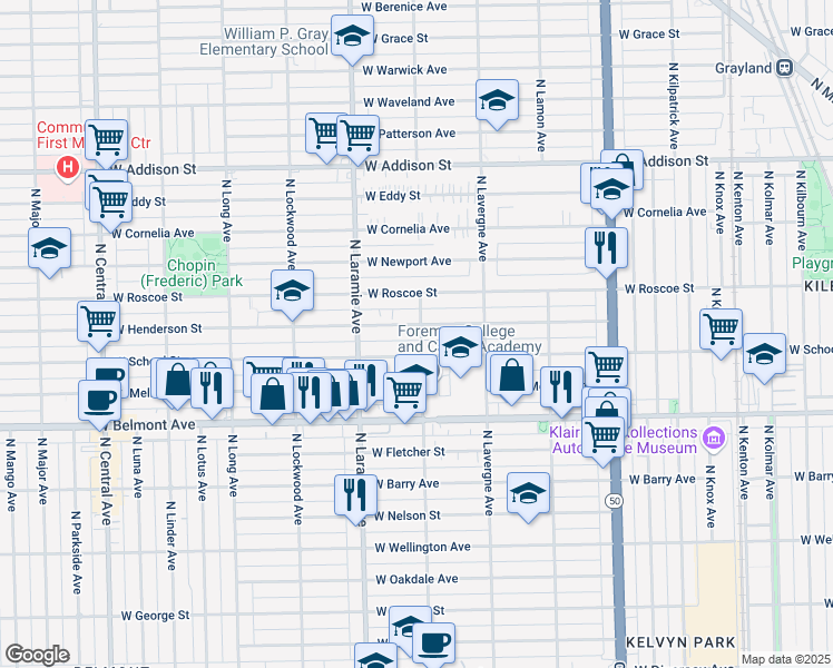 map of restaurants, bars, coffee shops, grocery stores, and more near 5104 West Henderson Street in Chicago