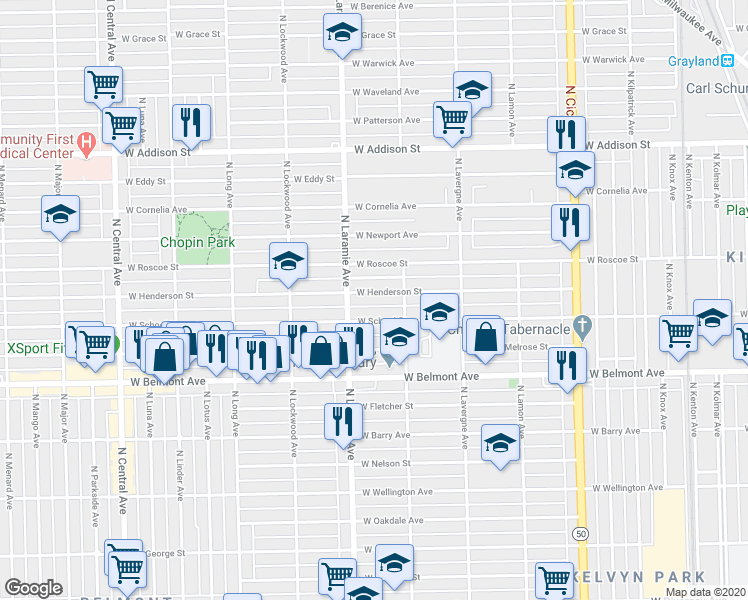 map of restaurants, bars, coffee shops, grocery stores, and more near 5140 West Henderson Street in Chicago