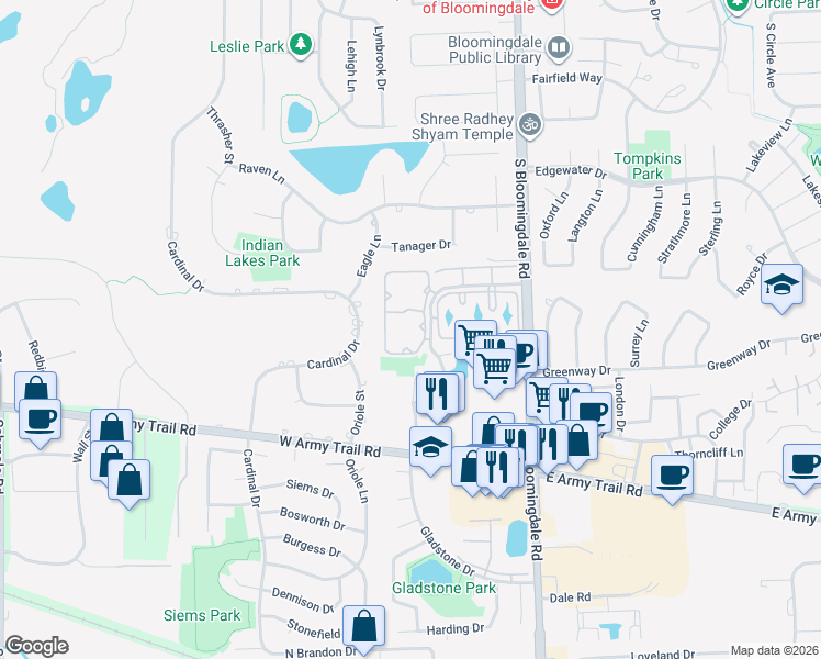 map of restaurants, bars, coffee shops, grocery stores, and more near 2292 Century Point Lane in Glendale Heights