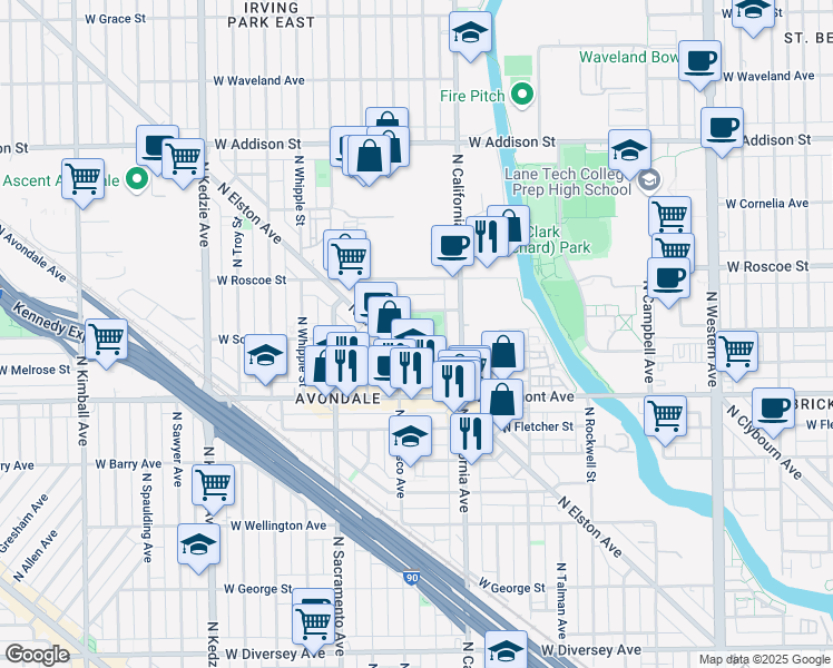 map of restaurants, bars, coffee shops, grocery stores, and more near 2901 West Henderson Street in Chicago