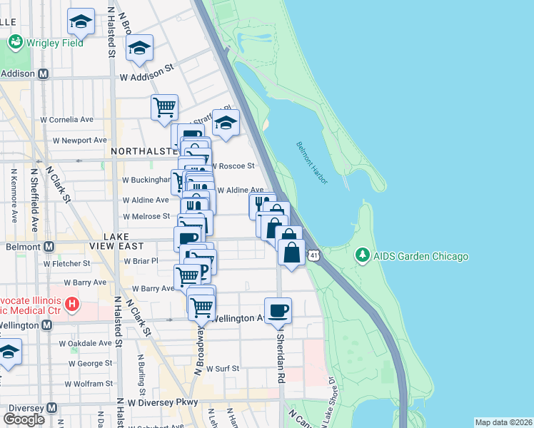 map of restaurants, bars, coffee shops, grocery stores, and more near 424 West Melrose Avenue in Chicago