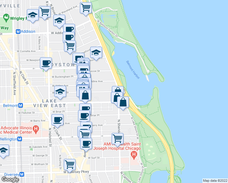 map of restaurants, bars, coffee shops, grocery stores, and more near 422 West Melrose Avenue in Chicago