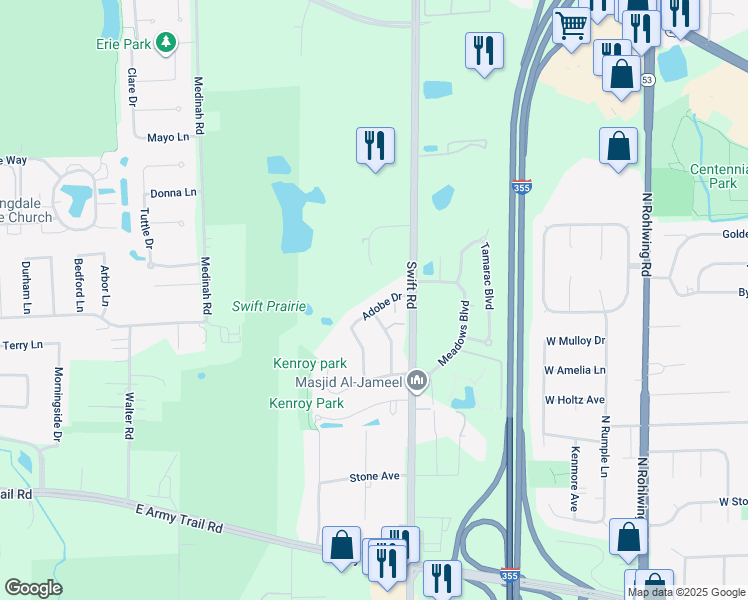 map of restaurants, bars, coffee shops, grocery stores, and more near 2134 Adobe Drive in Addison