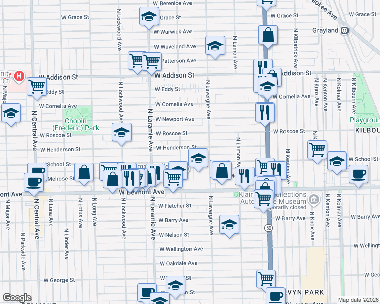 map of restaurants, bars, coffee shops, grocery stores, and more near 5029 West Henderson Street in Chicago