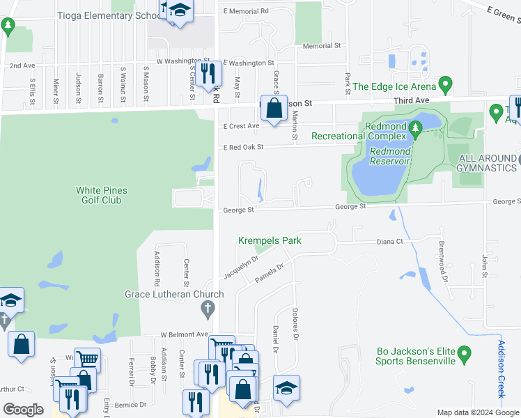map of restaurants, bars, coffee shops, grocery stores, and more near 125 George Street in Bensenville