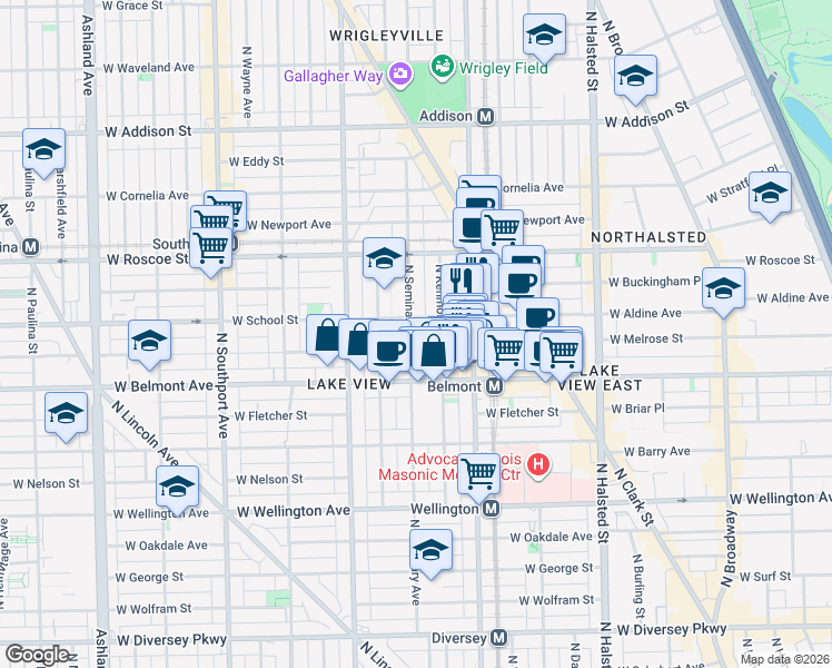 map of restaurants, bars, coffee shops, grocery stores, and more near 3256 North Seminary Avenue in Chicago