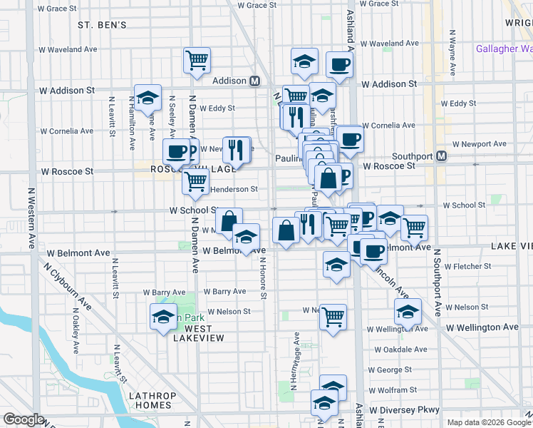 map of restaurants, bars, coffee shops, grocery stores, and more near 1801 West School Street in Chicago