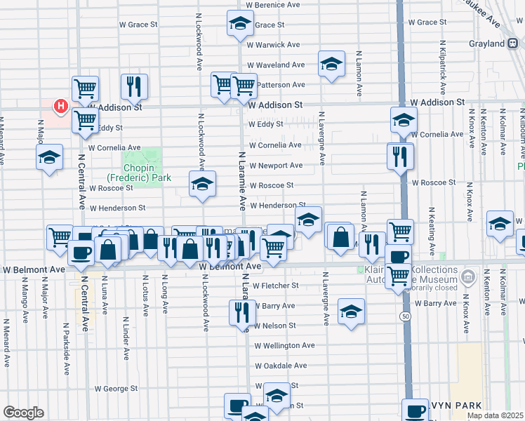 map of restaurants, bars, coffee shops, grocery stores, and more near 5140 West Henderson Street in Chicago