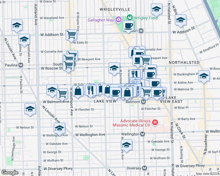 map of restaurants, bars, coffee shops, grocery stores, and more near 3255 North Racine Avenue in Chicago