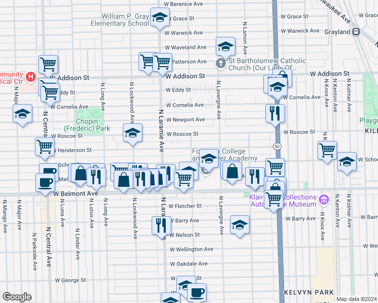 map of restaurants, bars, coffee shops, grocery stores, and more near 3320 North Leclaire Avenue in Chicago