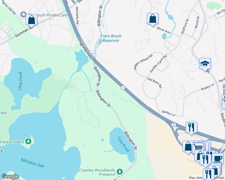 map of restaurants, bars, coffee shops, grocery stores, and more near 11 Braley Road in Plymouth