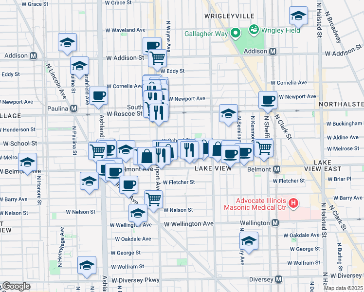 map of restaurants, bars, coffee shops, grocery stores, and more near 3250 North Lakewood Avenue in Chicago