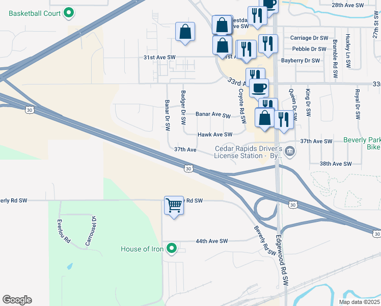 map of restaurants, bars, coffee shops, grocery stores, and more near 4021 37th Avenue in Cedar Rapids