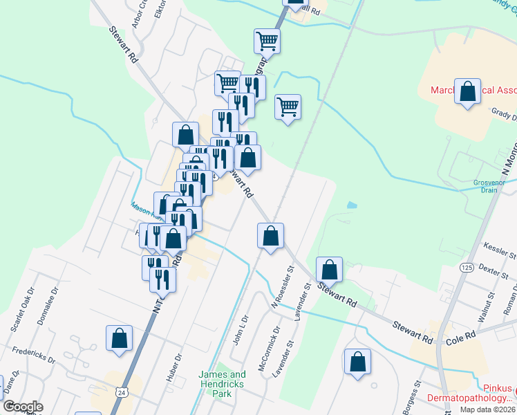 map of restaurants, bars, coffee shops, grocery stores, and more near 1199 Stewart Road in Monroe