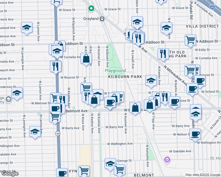 map of restaurants, bars, coffee shops, grocery stores, and more near 3325 North Kilbourn Avenue in Chicago