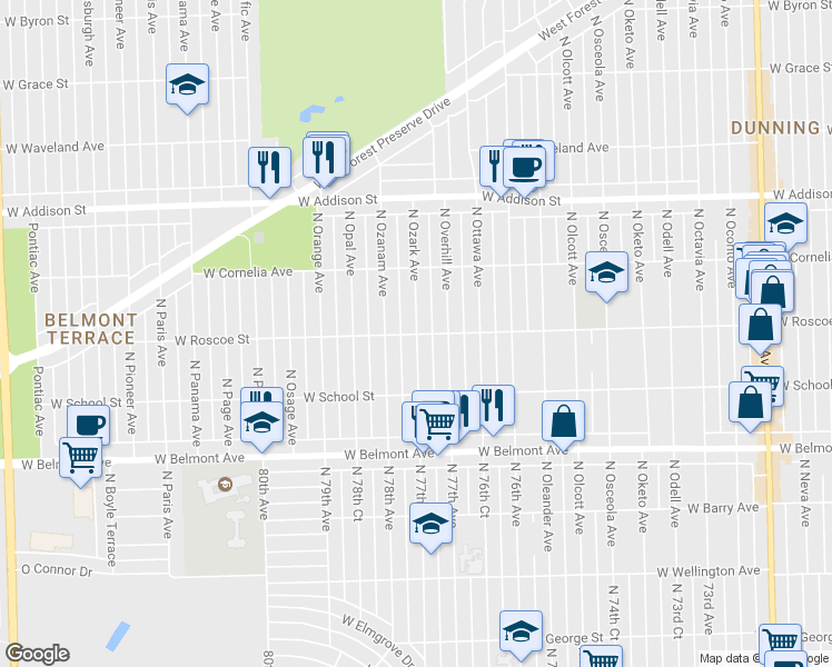 map of restaurants, bars, coffee shops, grocery stores, and more near 3400 North Ozark Avenue in Chicago