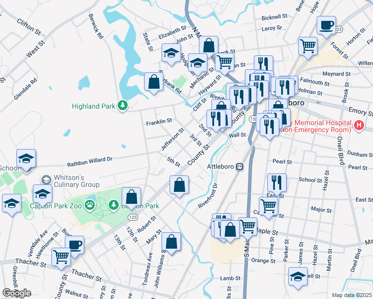 map of restaurants, bars, coffee shops, grocery stores, and more near 15 East 4th Street in Attleboro