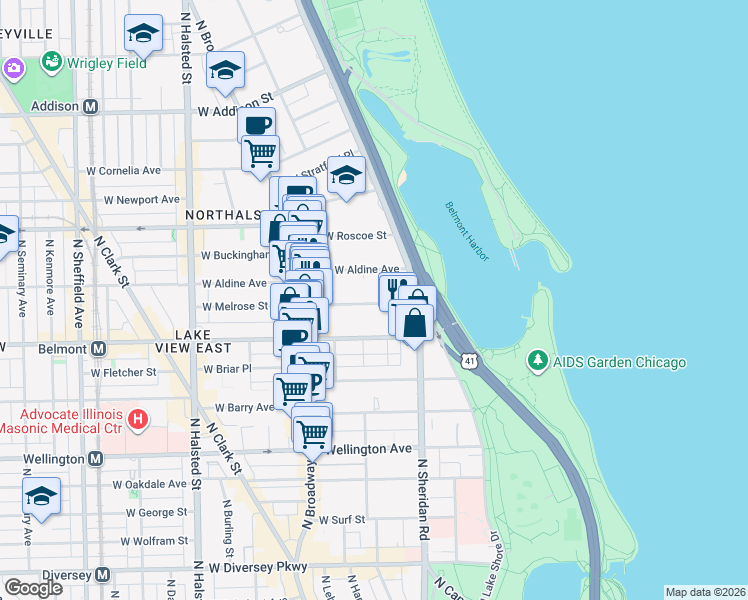 map of restaurants, bars, coffee shops, grocery stores, and more near 500 West Melrose Street in Chicago