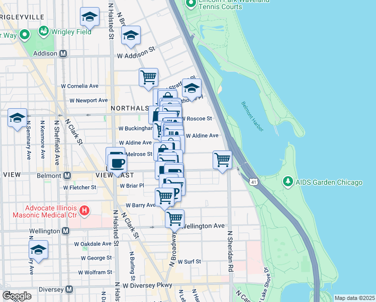map of restaurants, bars, coffee shops, grocery stores, and more near 540 West Melrose Street in Chicago