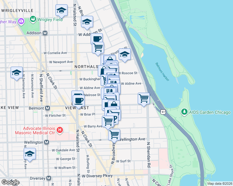 map of restaurants, bars, coffee shops, grocery stores, and more near 540 West Melrose Street in Chicago