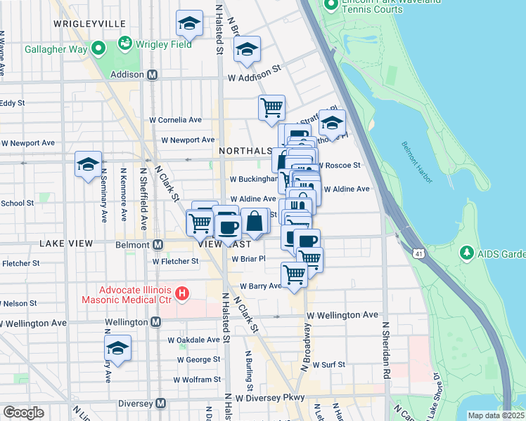 map of restaurants, bars, coffee shops, grocery stores, and more near 653 West Aldine Avenue in Chicago