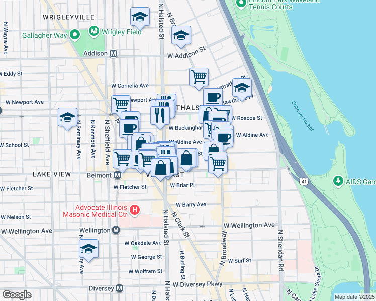 map of restaurants, bars, coffee shops, grocery stores, and more near 729 West Aldine Avenue in Chicago